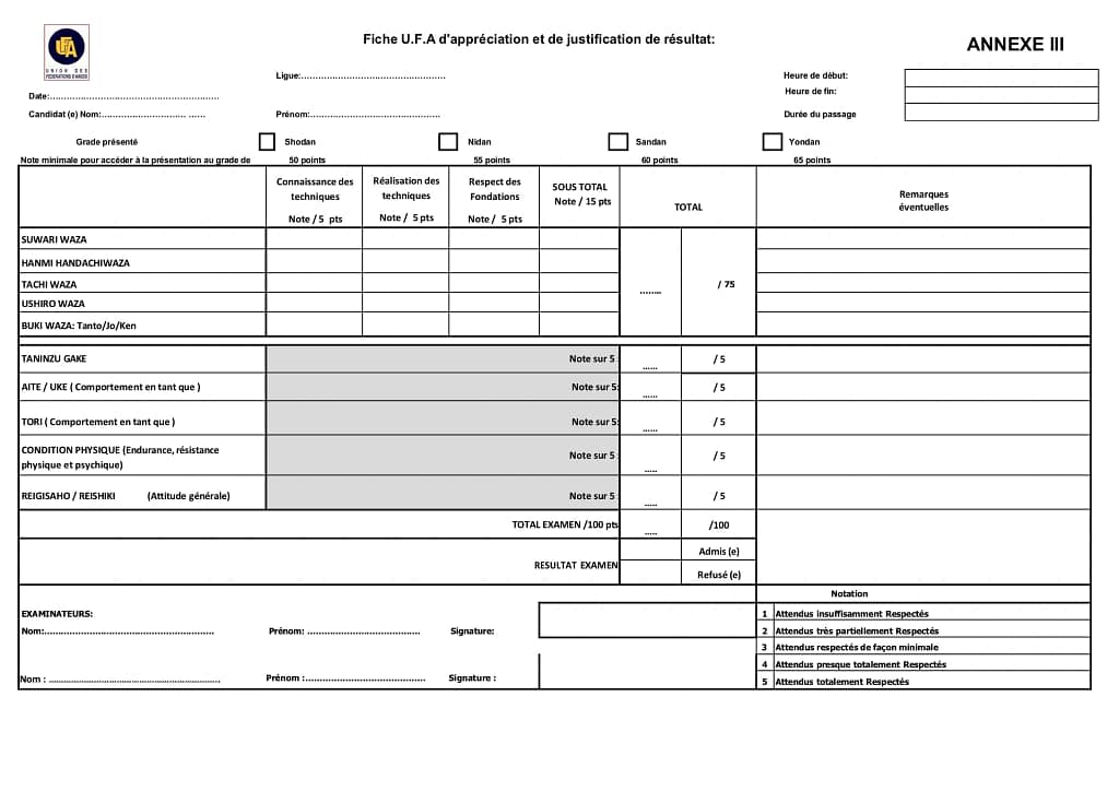Préparation aux passages de grade Dan. AIKIDO - Fiche U.F.A. d'appréciation et de justification de résultat - Grade DAN