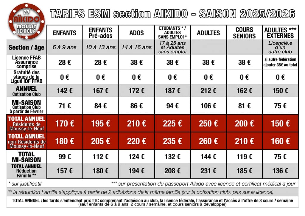 AIKIDO - tarifs ESM Aïkido saison 2025-2026