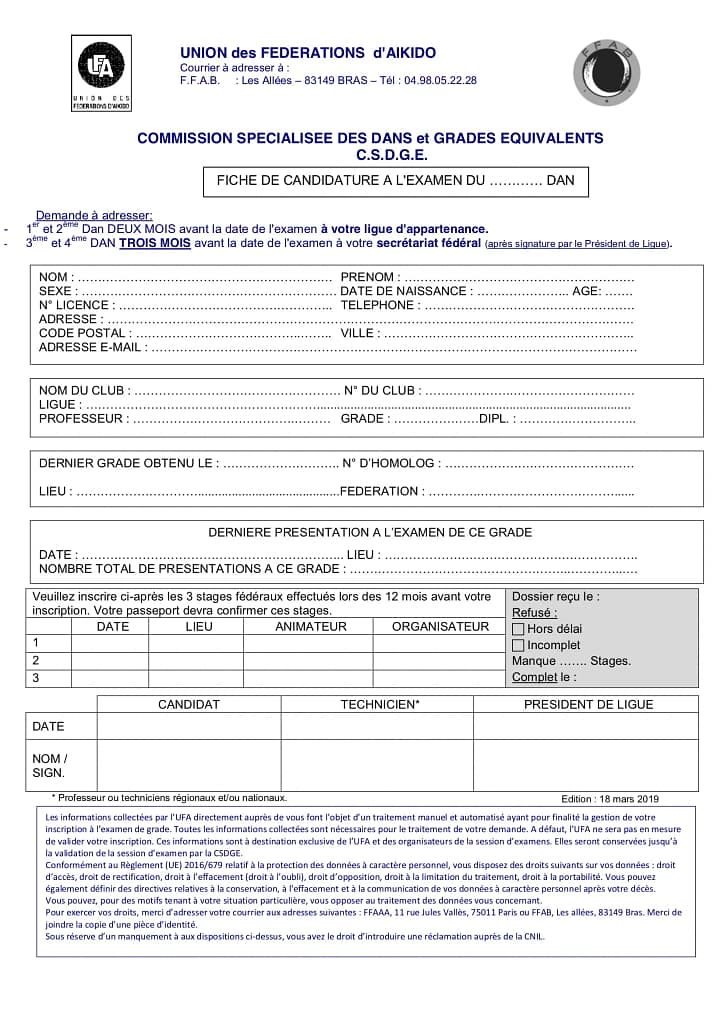 Préparation aux passages de grade Dan en AIKIDO - Fiche de candidature - AIKIDO ESM